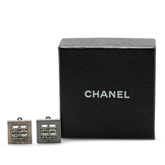 Pre-Loved Chanel Silver Plated Square Crystal Clip On Earrings - Picture 4 of 4